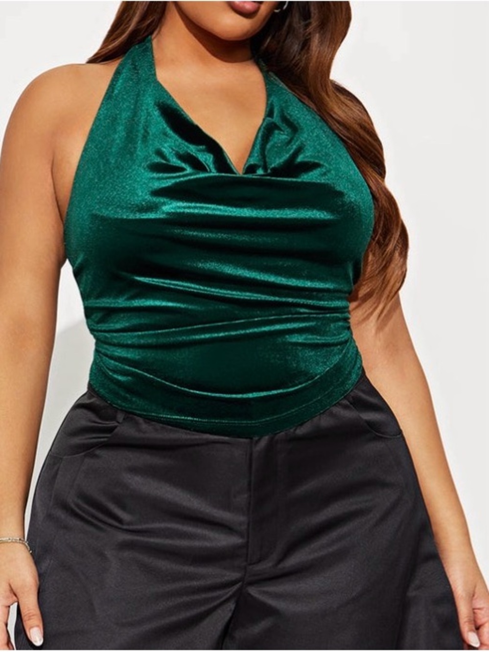 Green Halter Velvet Neck Top